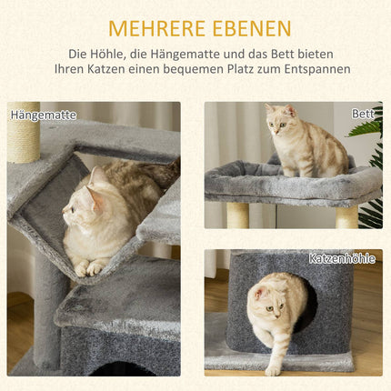 Cat climbing tree with hammock, plush sisal, 90 cm, grey