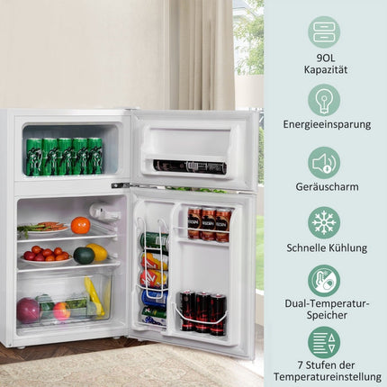 90L Compact Fridge with Freezer, Dual Doors, White