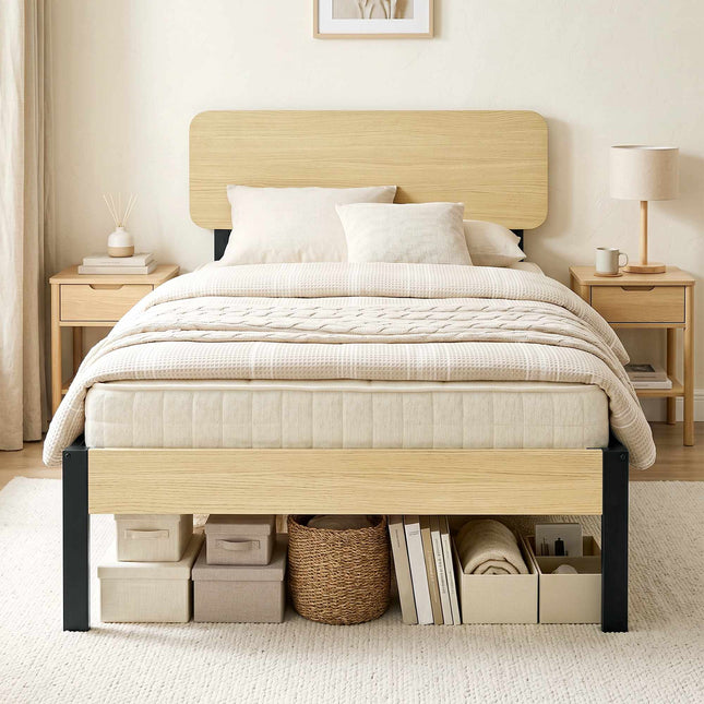 90 x 200 cm Metal Bed Frame with Headboard, Storage