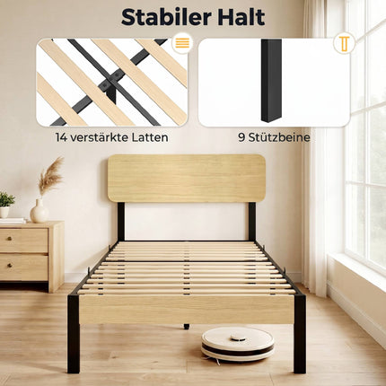 90 x 200 cm Metal Bed Frame with Headboard, Storage