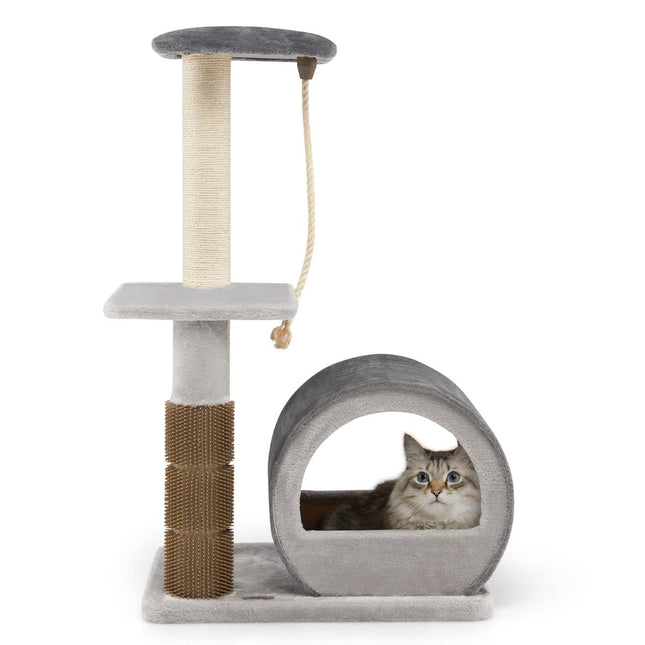 92 cm scratching post with bamboo cave & scratching board & grooming brush & ball & plush seat gray