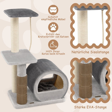 92 cm scratching post with bamboo cave & scratching board & grooming brush & ball & plush seat gray