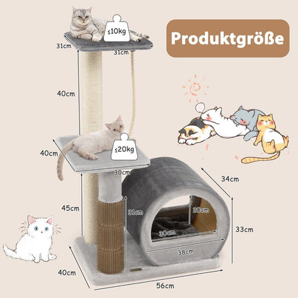 92 cm scratching post with bamboo cave & scratching board & grooming brush & ball & plush seat gray