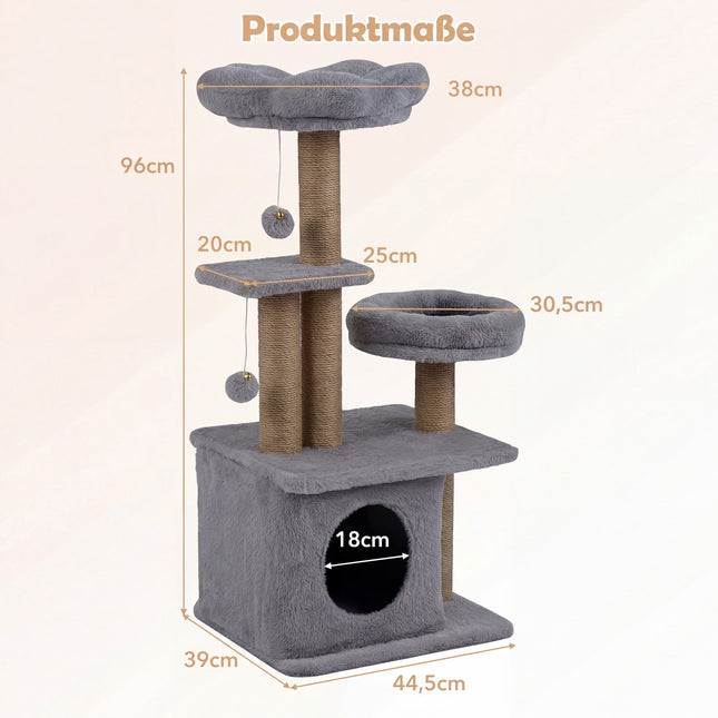 96 cm Cat Tree with Condo, Platform, Bed & Toys, Grey