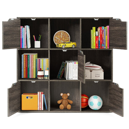 9-Compartment Storage Organizer Shelf with Doors Freestanding Wooden Bookshelf-Gray