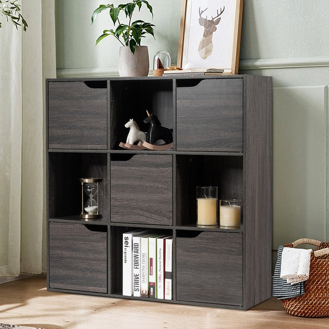 9-Compartment Storage Organizer Shelf with Doors Freestanding Wooden Bookshelf-Gray