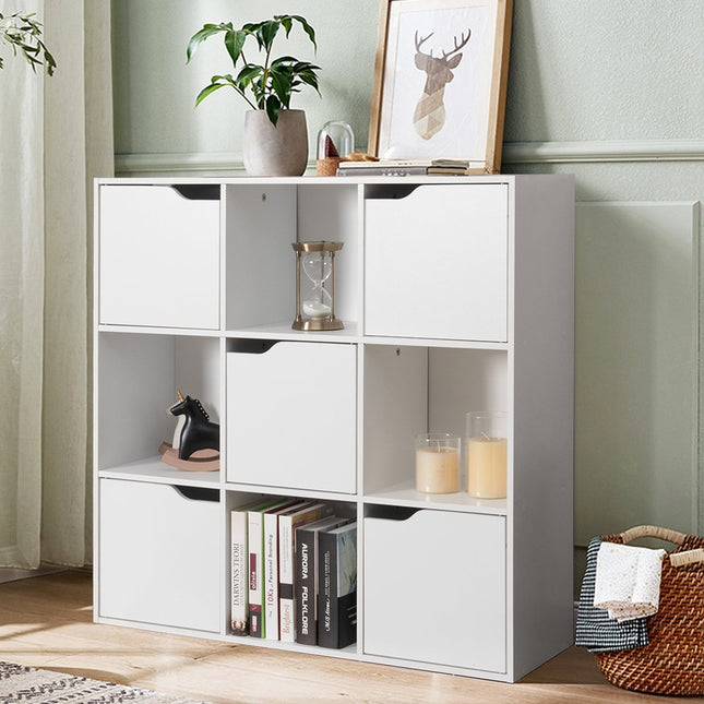 9 Compartment Storage Organizer Shelf with Doors Freestanding Wooden Bookshelf-White