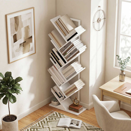 9-Tier Tree Bookshelf, White Industrial Steel Frame