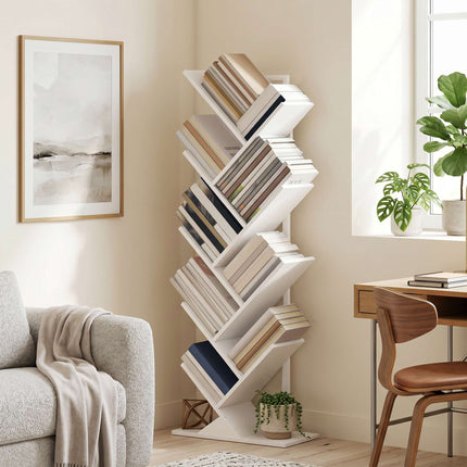 9-Tier Tree Bookshelf, White Industrial Steel Frame