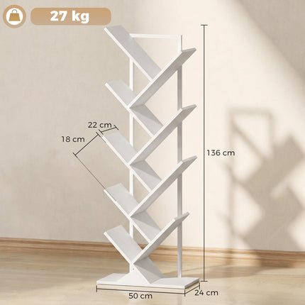 9-Tier Tree Bookshelf, White Industrial Steel Frame