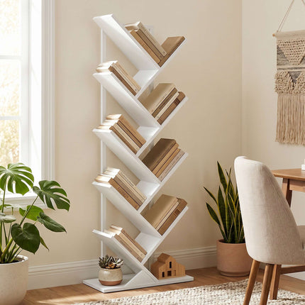 9-Tier Tree Bookshelf, White Industrial Steel Frame