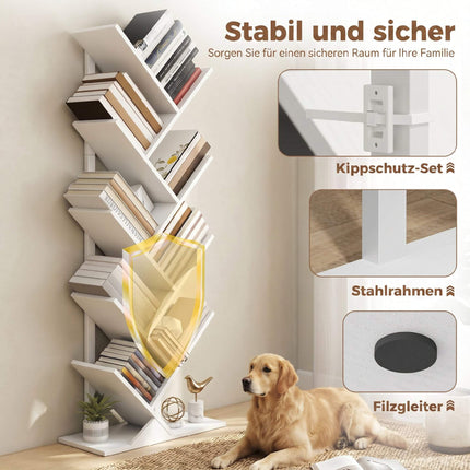 9-Tier Tree Bookshelf, White Industrial Steel Frame
