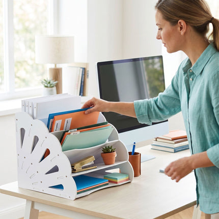 A4 MDF Desk Organiser, 5 Compartments - White