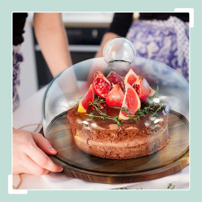 Acacia Wood Cake Stand with Glass Dome Lid