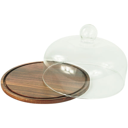 Acacia Wood Cake Stand with Glass Dome Lid