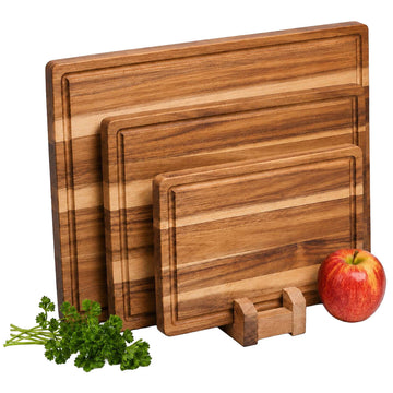 Acacia Wood Chopping Board Set with Stand, 3-Piece