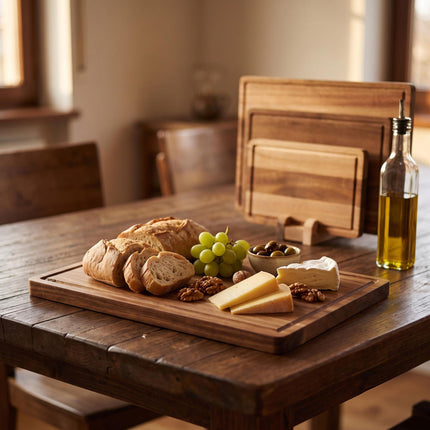 Acacia Wood Chopping Board Set with Stand, 3-Piece
