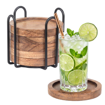 Acacia Wood Coaster Set with Holder – 6 Pieces