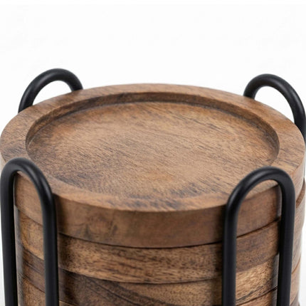 Acacia Wood Coaster Set with Holder – 6 Pieces