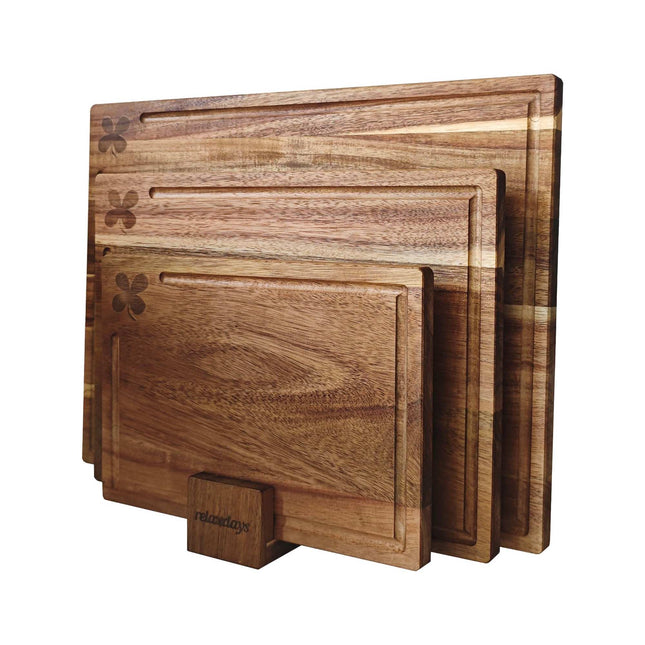 Acacia Wood Cutting Boards Set with Stand – 3 Pieces
