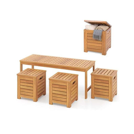 Acacia Wood Garden Bench with 3 Storage Boxes, 3 Seats, 360 kg Load Capacity