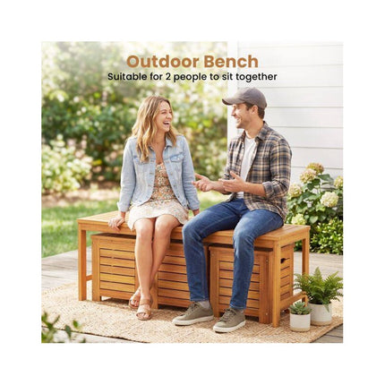 Acacia Wood Garden Bench with 3 Storage Boxes, 3 Seats, 360 kg Load Capacity