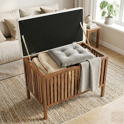Acacia Wood Laundry Bench with Padded Seat, 80L Capacity