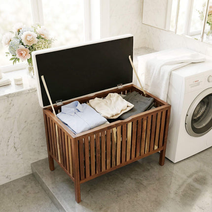 Acacia Wood Laundry Bench with Padded Seat, 80L Capacity