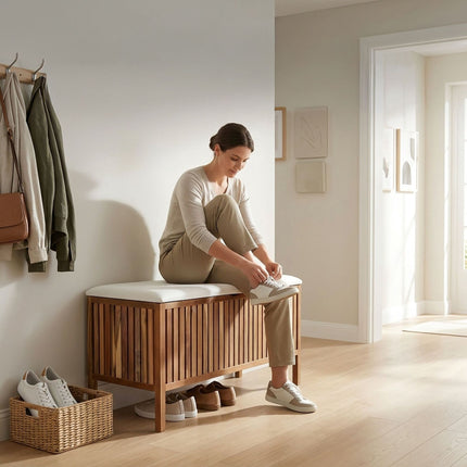 Acacia Wood Laundry Bench with Padded Seat, 80L Capacity