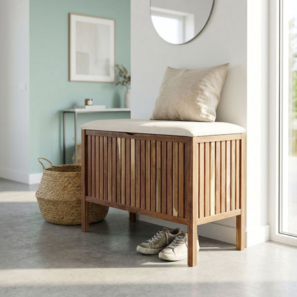 Acacia Wood Laundry Bench with Padded Seat, 80L Capacity