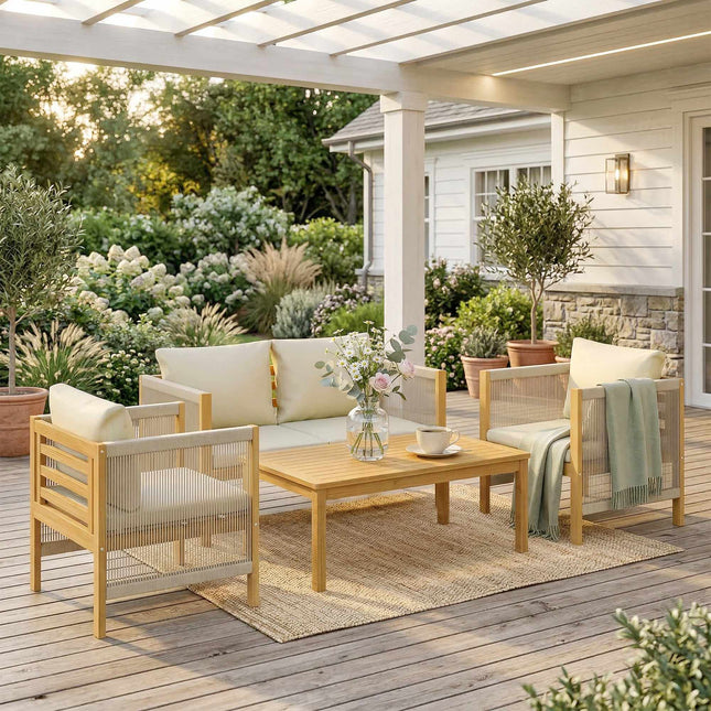 Acacia Wood Patio Set, 4-Piece with Washable Cushions
