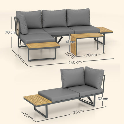 Acacia Wood L-Shaped Garden Lounge Set for 6, Light Grey