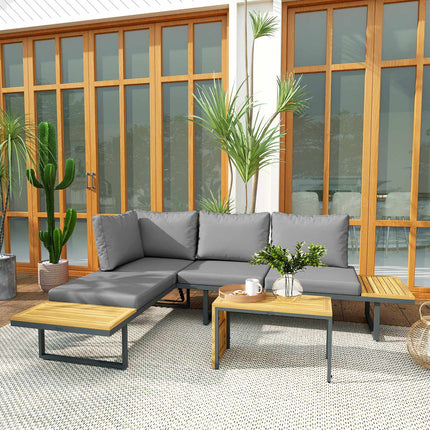 Acacia Wood L-Shaped Garden Lounge Set for 6, Light Grey