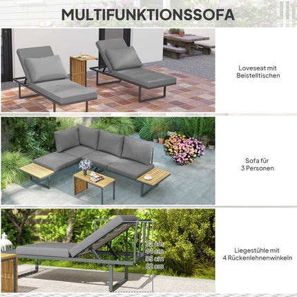 Acacia Wood L-Shaped Garden Lounge Set for 6, Light Grey