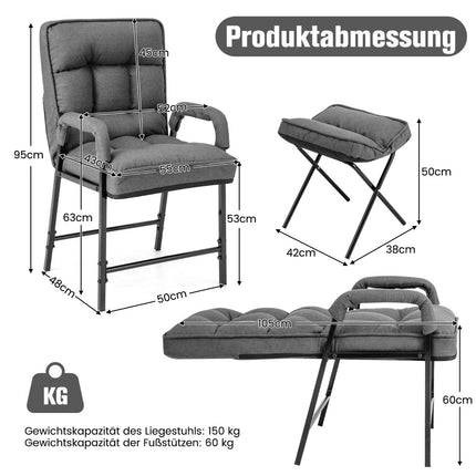 Accent Chair & Ottoman Set, Adjustable Backrest, Grey Linen