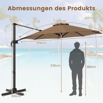 Adjustable 300 cm Cantilever Umbrella with Crank, Brown
