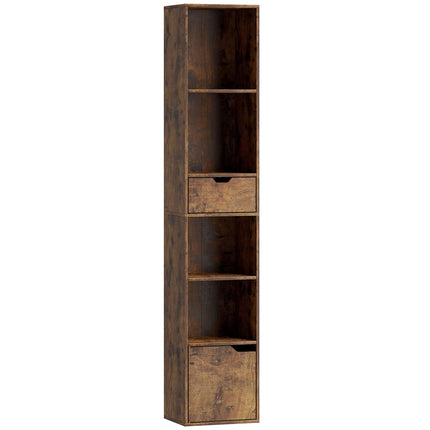 Adjustable 6-Tier Bookshelf with Drawer and Cabinet, Brown