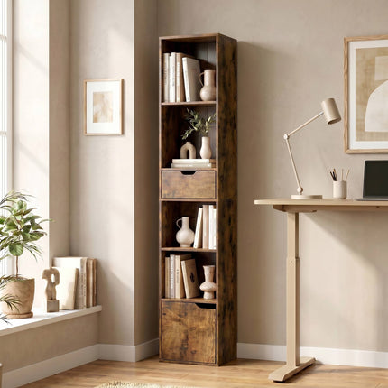 Adjustable 6-Tier Bookshelf with Drawer and Cabinet, Brown