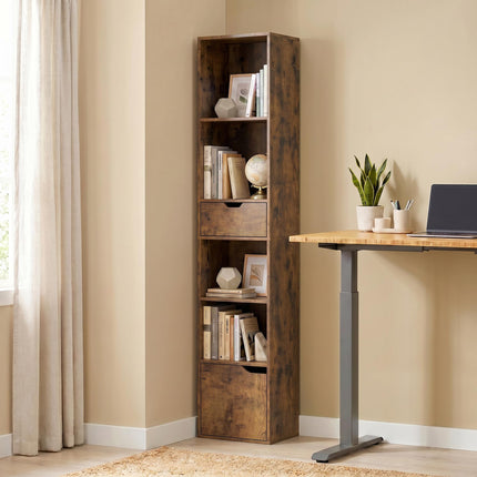 Adjustable 6-Tier Bookshelf with Drawer and Cabinet, Brown