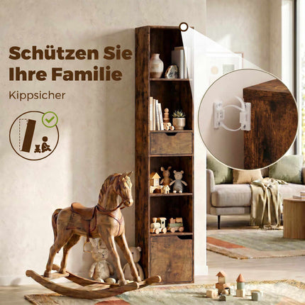 Adjustable 6-Tier Bookshelf with Drawer and Cabinet, Brown
