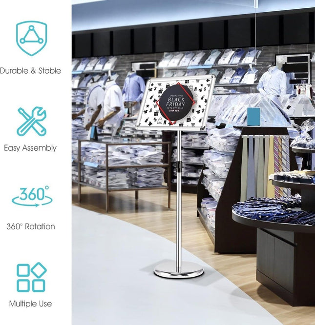 Adjustable A3 Poster Stand – Rotating, Silver Display