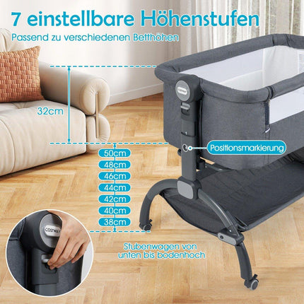 Adjustable Baby Bedside Crib with Wheels, Grey