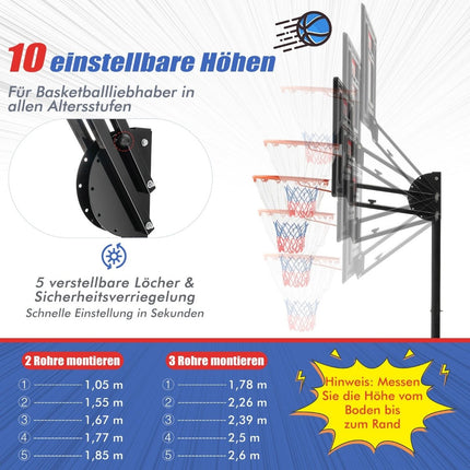 Adjustable Basketball Hoop with Stand & Wheels, 105-260 cm