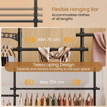 Adjustable Black Clothes Rack with 4 Hanging Rods, 43.3"-124"