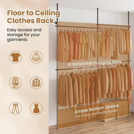 Adjustable Black Clothes Rack with 4 Hanging Rods, 43.3"-124"