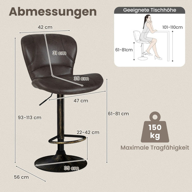 Adjustable Brown Bar Stools Set of 2 with Backrest & Footrest