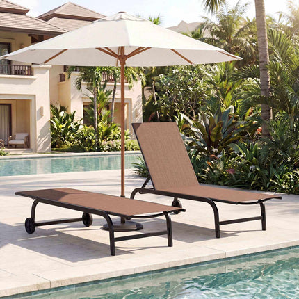 Adjustable Brown Sun Lounger with Wheels & Breathable Fabric