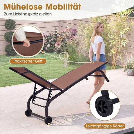 Adjustable Brown Sun Lounger with Wheels & Breathable Fabric