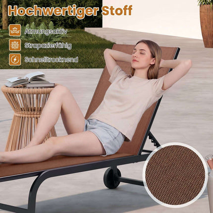 Adjustable Brown Sun Lounger with Wheels & Breathable Fabric