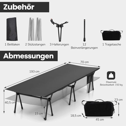 Adjustable Camping Cot with Storage, 193x70 cm, 150 kg Capacity